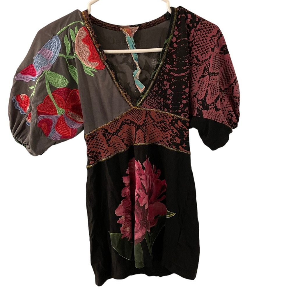 Desigual Empire Waist Multimedia Print Short Sleeve Top Medium - Picture 2 of 8